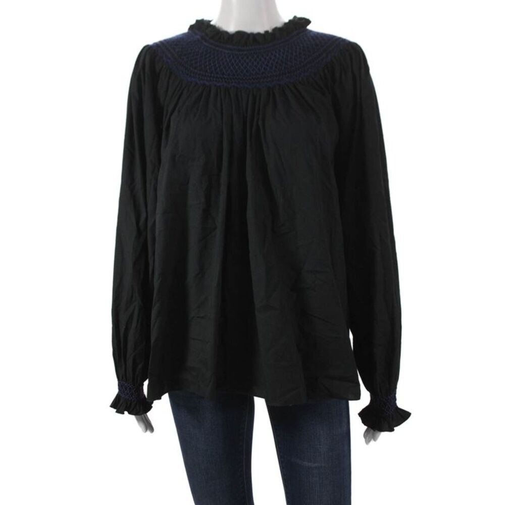 Loretta Caponi Womens Black Cotton High Neck Tunic Blouse Long Sleeve Size L